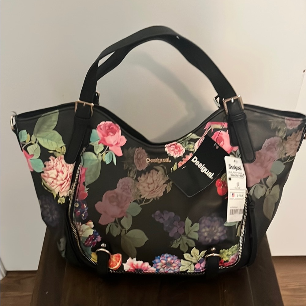Desigual Black and Pink Floral Tote Bag